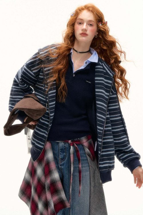 Striped Cat Ear Hoodie / Layered-Style Design Shirt
