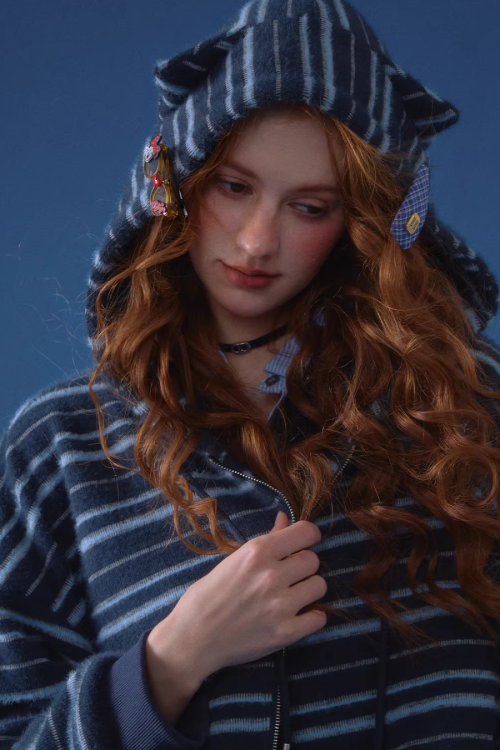 Striped Cat Ear Hoodie / Layered-Style Design Shirt
