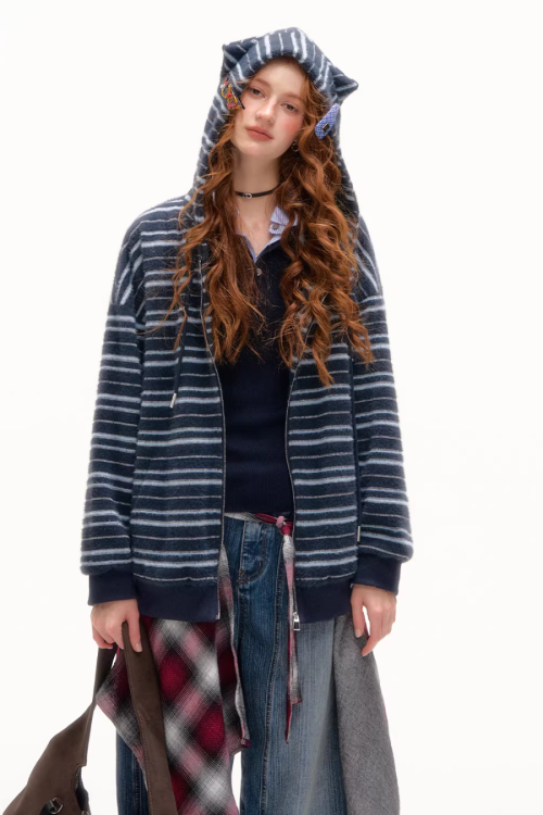 Striped Cat Ear Hoodie / Layered-Style Design Shirt
