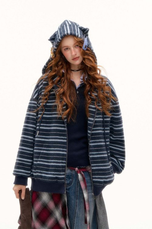 Striped Cat Ear Hoodie / Layered-Style Design Shirt