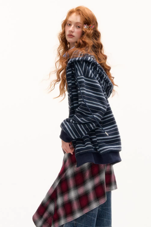 Striped Cat Ear Hoodie / Layered-Style Design Shirt