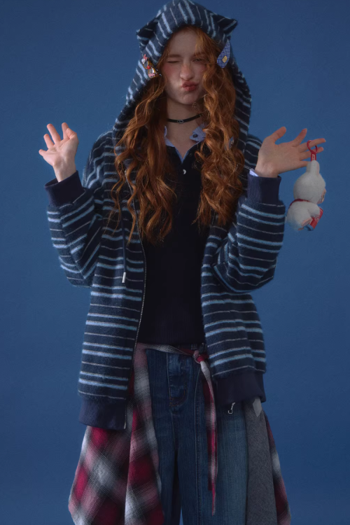 Striped Cat Ear Hoodie / Layered-Style Design Shirt