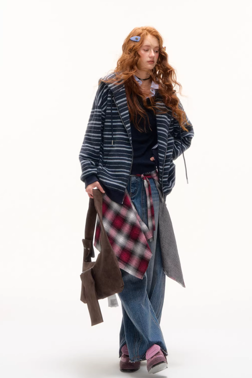 Striped Cat Ear Hoodie / Layered-Style Design Shirt