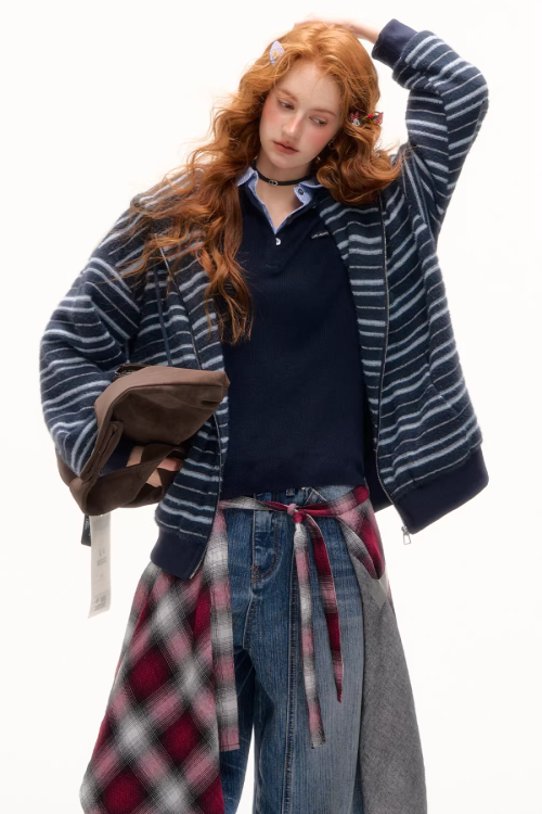 Striped Cat Ear Hoodie / Layered-Style Design Shirt