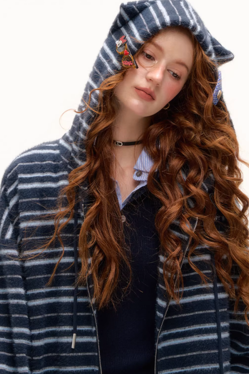 Striped Cat Ear Hoodie / Layered-Style Design Shirt