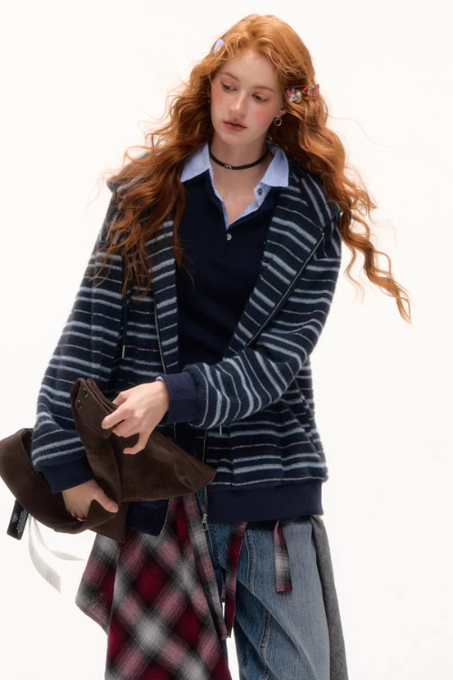 Striped Cat Ear Hoodie / Layered-Style Design Shirt