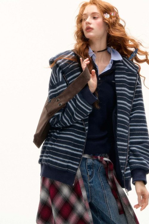 Striped Cat Ear Hoodie / Layered-Style Design Shirt