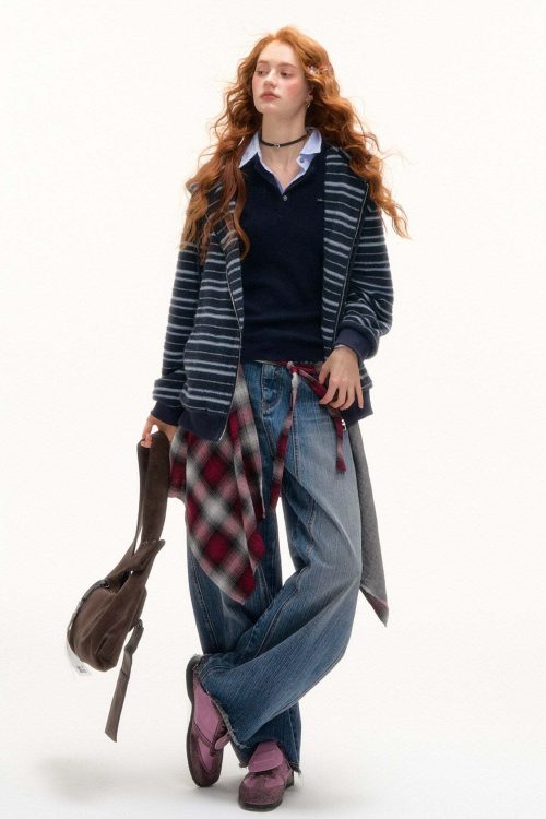Striped Cat Ear Hoodie / Layered-Style Design Shirt