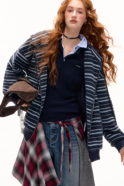 Striped Cat Ear Hoodie / Layered-Style Design Shirt