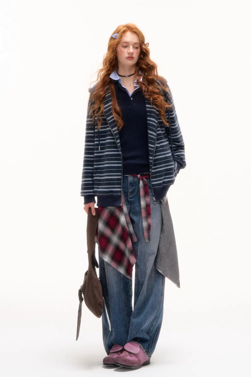 Striped Cat Ear Hoodie / Layered-Style Design Shirt