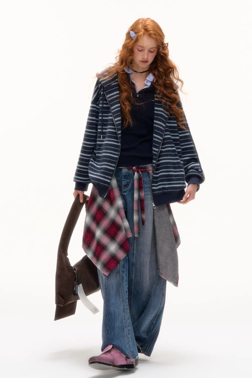 Striped Cat Ear Hoodie / Layered-Style Design Shirt