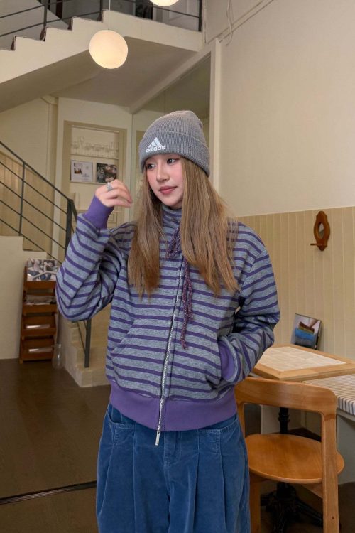 Striped Fleece Stand Collar Hoodie