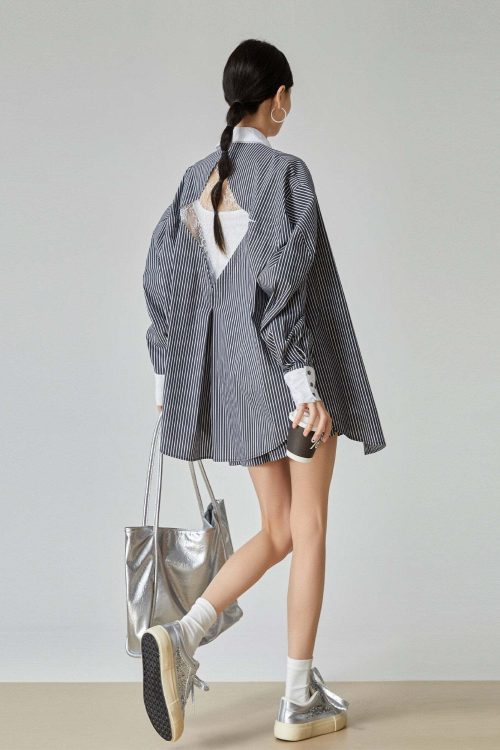 Striped Long-Sleeve Shirt / Mini Skirt