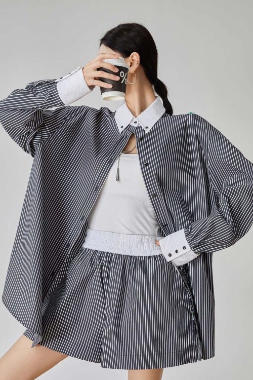 Striped Long-Sleeve Shirt / Mini Skirt