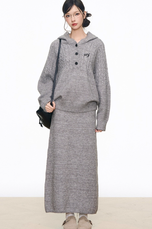 Tailored Jacket / Half-Button Long Sleeve Top / Knit Skirt