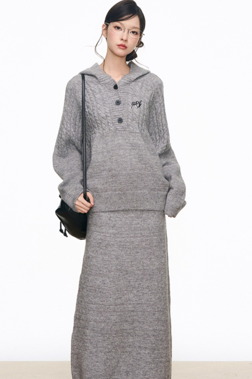Tailored Jacket / Half-Button Long Sleeve Top / Knit Skirt
