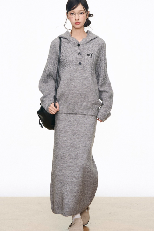 Tailored Jacket / Half-Button Long Sleeve Top / Knit Skirt