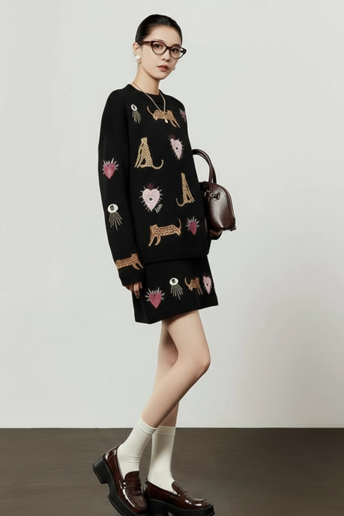 Tiger Heart Patch Knit & Skirt
