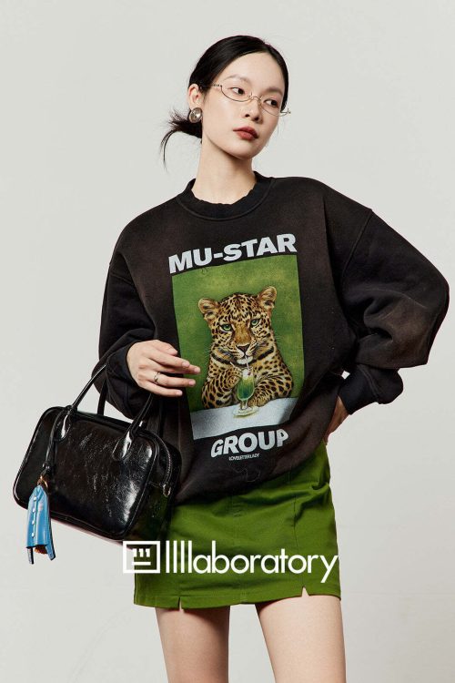 Tiger Print Sweatshirt Top / Green Mini Skirt