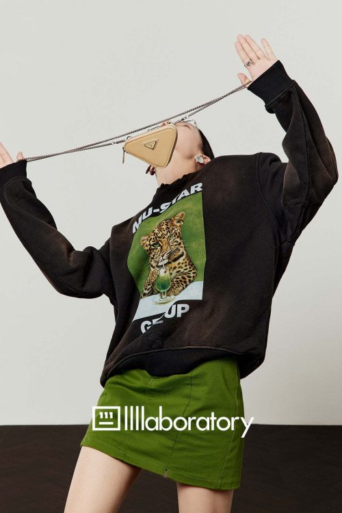 Tiger Print Sweatshirt Top / Green Mini Skirt