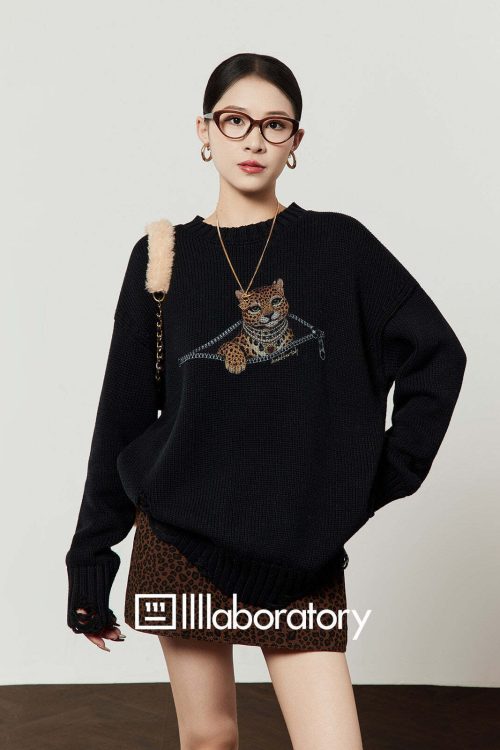 Tiger Round-Neck Knit / Leopard Mini Skirt