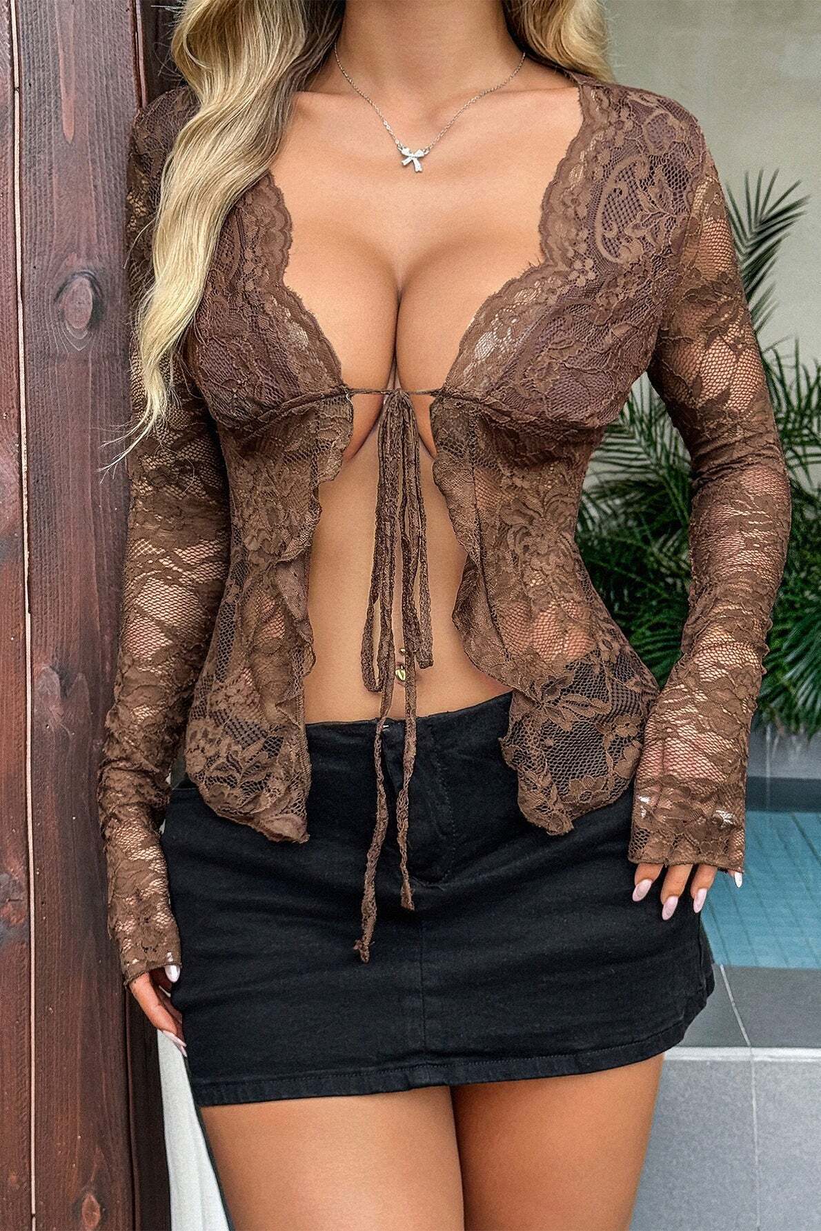 Trendy Y2K Sheer Lace Long Sleeve Blouse