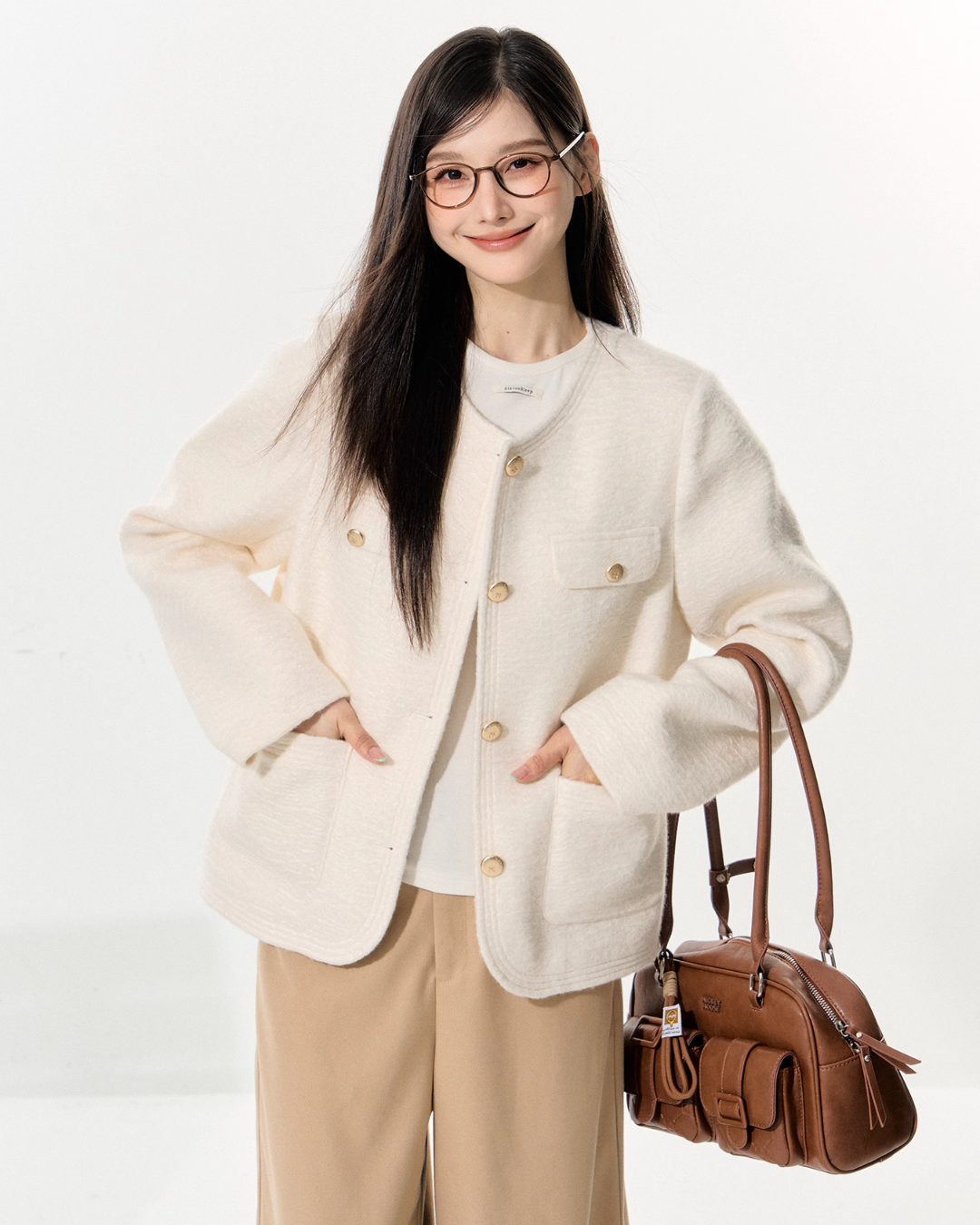 Tweed Jacket / Wide Pants / Long-Sleeve Top