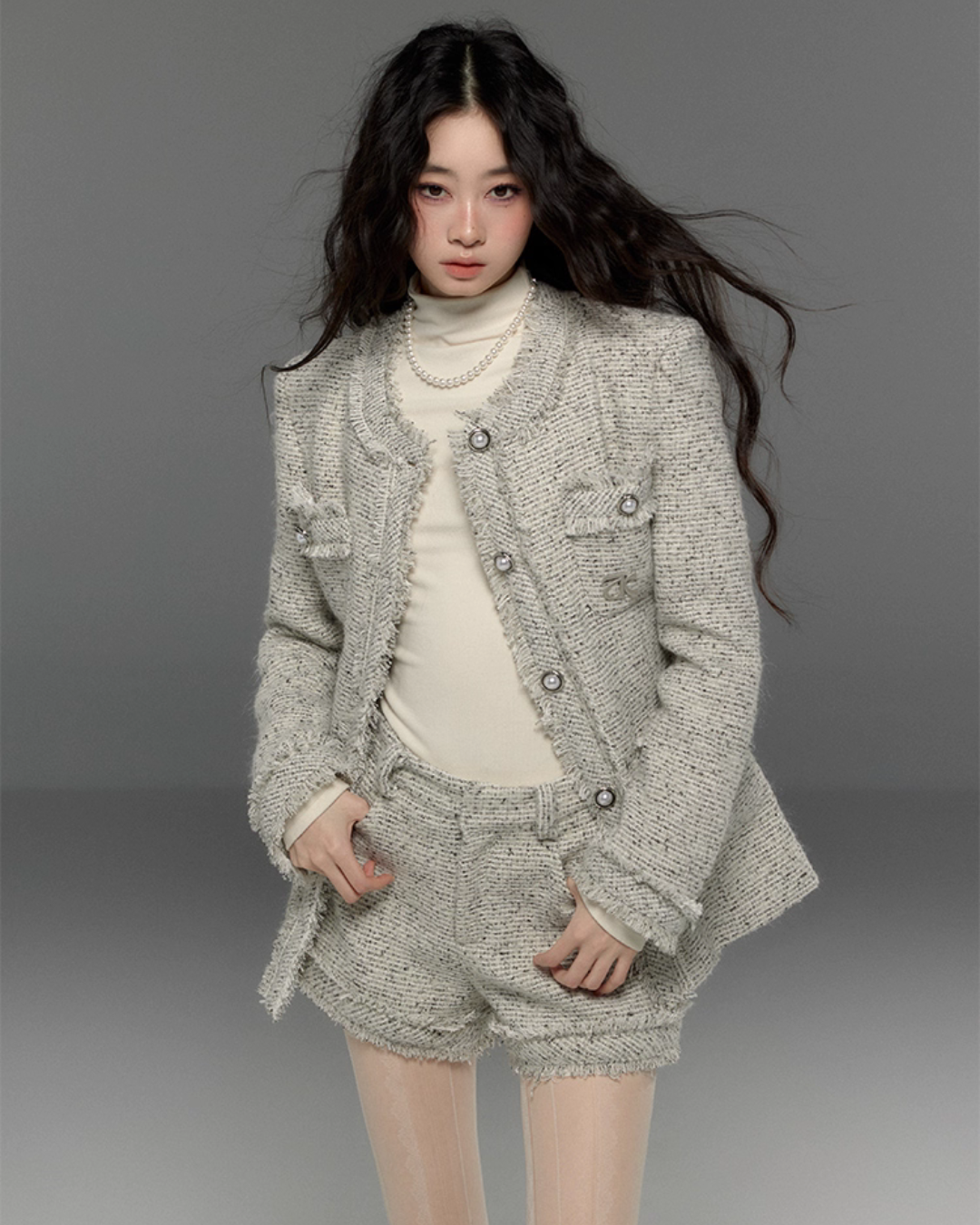 Tweed No-Collar Coat / Shorts / Knee Length Skirt