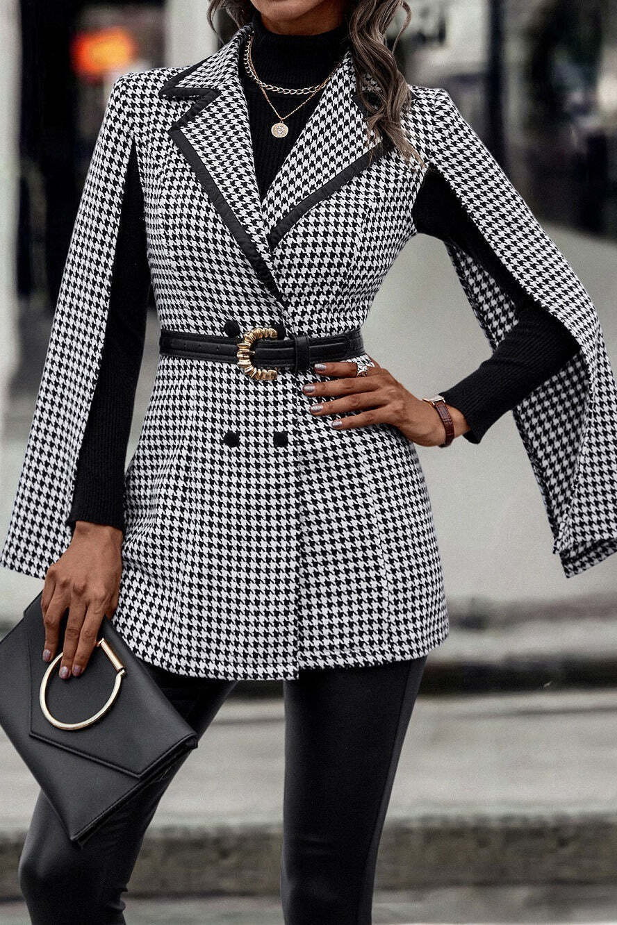 Tweed-style Houndstooth Split Long Sleeve Chic Blazer