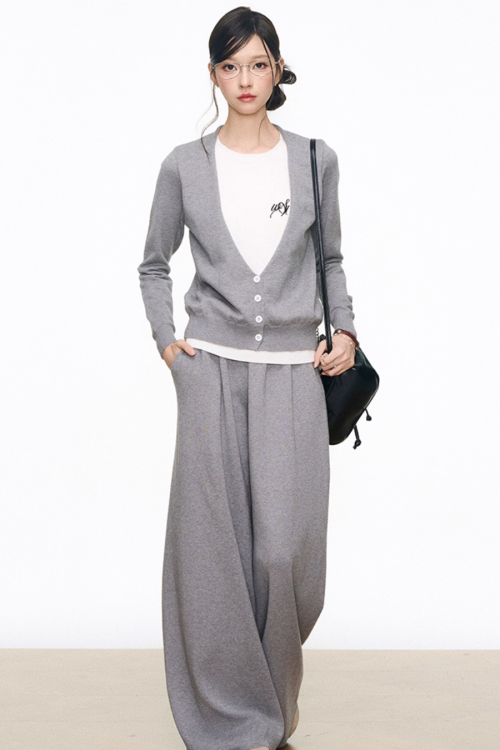 Two Piece Long Sleeve Top / Knit Wide Pants