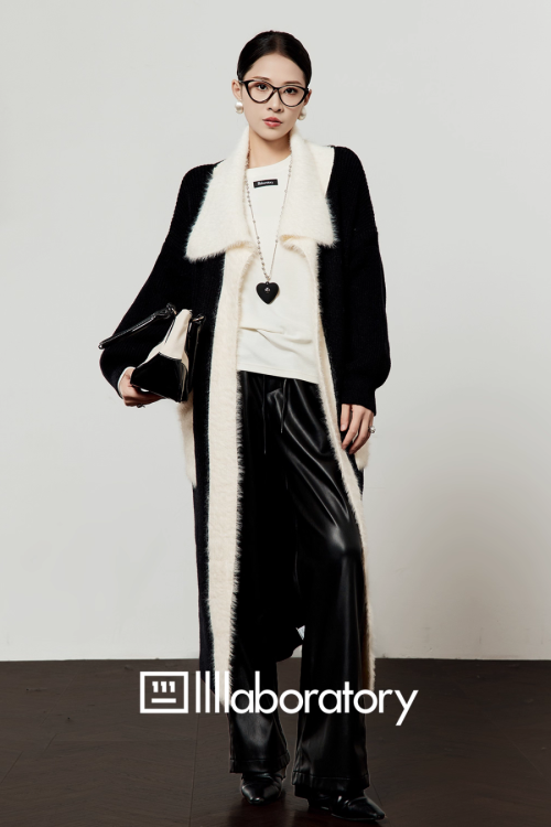Two-Tone Long Cardigan / Leather Long Pants