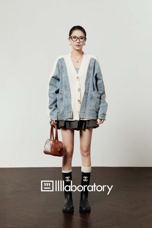 V-Neck Denim Docking Knit Cardigan