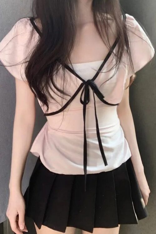 V-Neck Front Tie Coquette Short Sleeve Tee