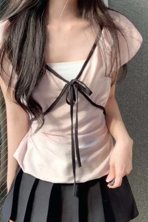 V-Neck Front Tie Coquette Short Sleeve Tee