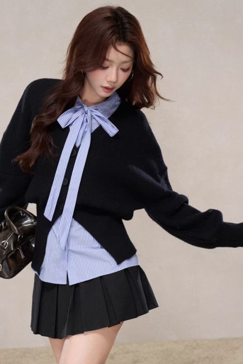 V-Neck Knit Cardigan / Ribbon Stripe Shirt / Pleated Skirt