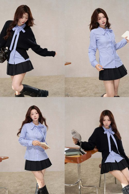 V-Neck Knit Cardigan / Ribbon Stripe Shirt / Pleated Skirt