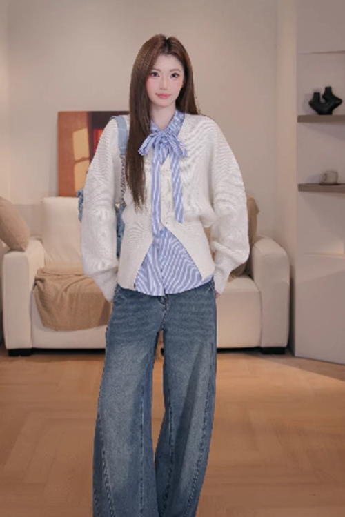 V-Neck Knit Cardigan / Ribbon Stripe Shirt / Pleated Skirt