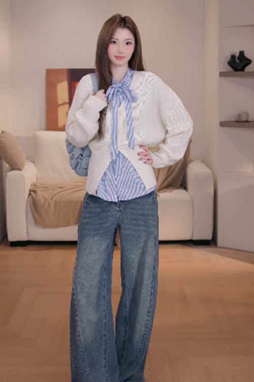 V-Neck Knit Cardigan / Ribbon Stripe Shirt / Pleated Skirt