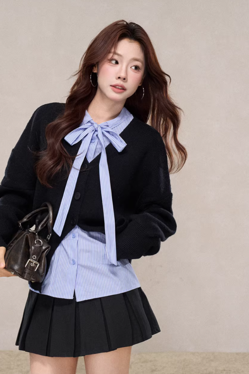 V-Neck Knit Cardigan / Ribbon Stripe Shirt / Pleated Skirt