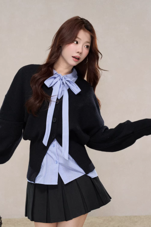 V-Neck Knit Cardigan / Ribbon Stripe Shirt / Pleated Skirt