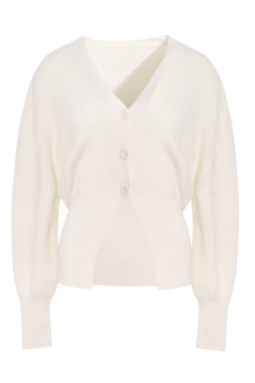 V-Neck Knit Cardigan / Ribbon Stripe Shirt / Pleated Skirt