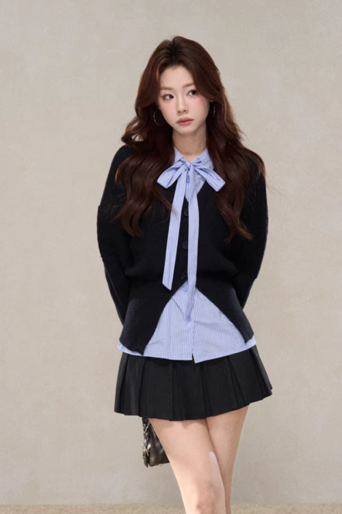 V-Neck Knit Cardigan / Ribbon Stripe Shirt / Pleated Skirt