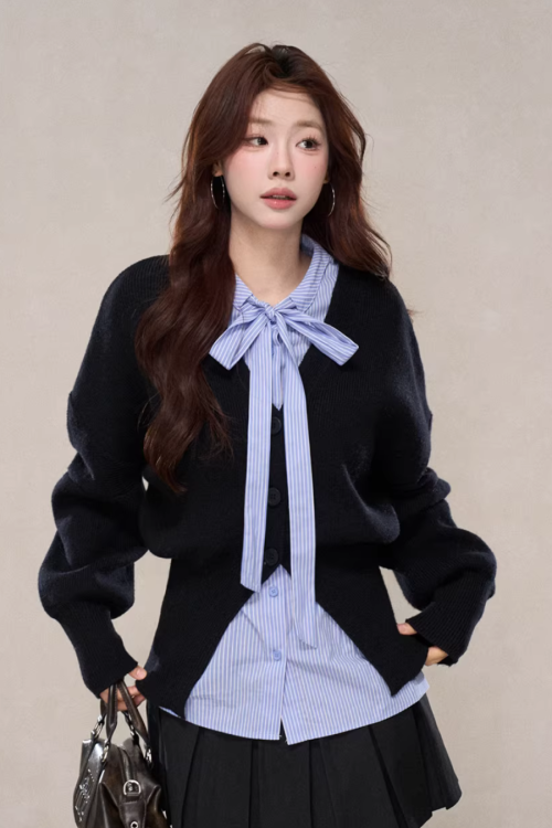V-Neck Knit Cardigan / Ribbon Stripe Shirt / Pleated Skirt