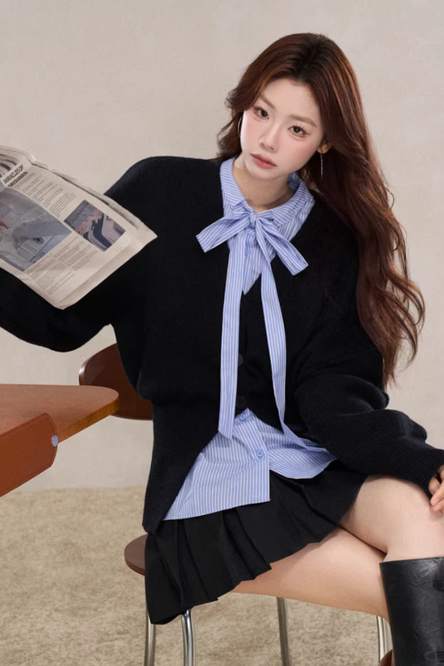 V-Neck Knit Cardigan / Ribbon Stripe Shirt / Pleated Skirt