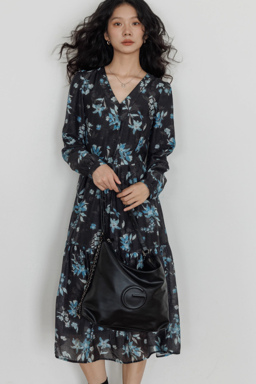 V-Neck Linen Print Elegant Dress