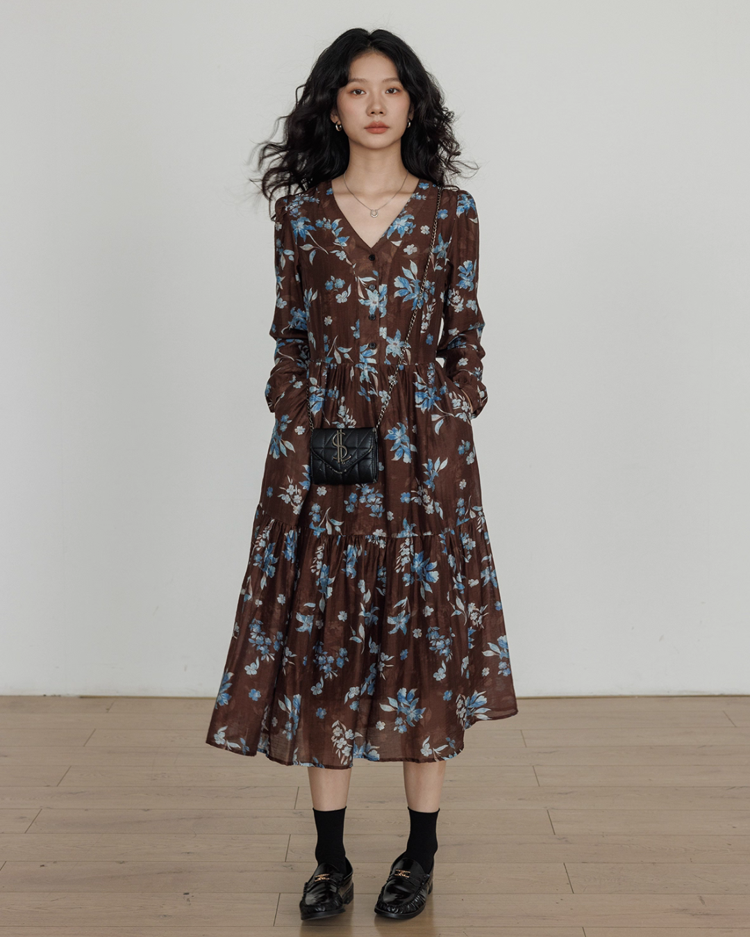 V-Neck Linen Print Elegant Dress