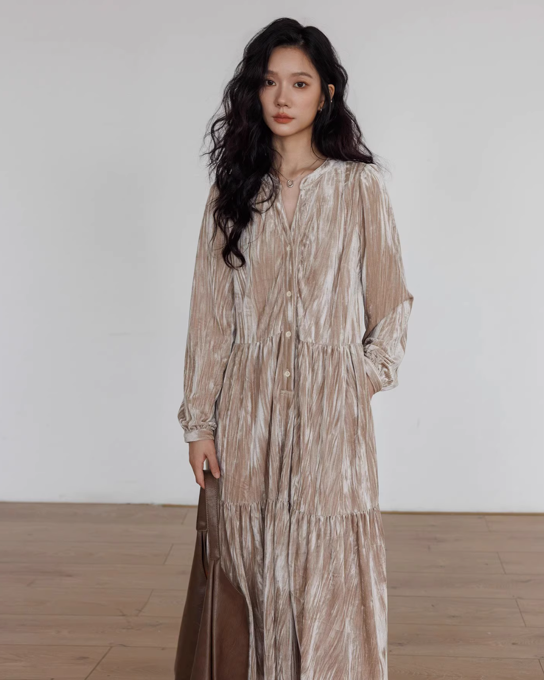 V-Neck Velvet Long Dress