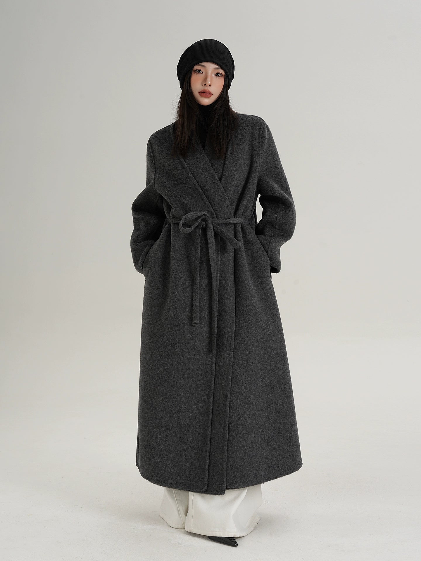 V-Neck Wool Long Coat