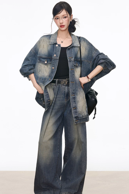 Vintage Denim Jacket / Denim Wide Pants