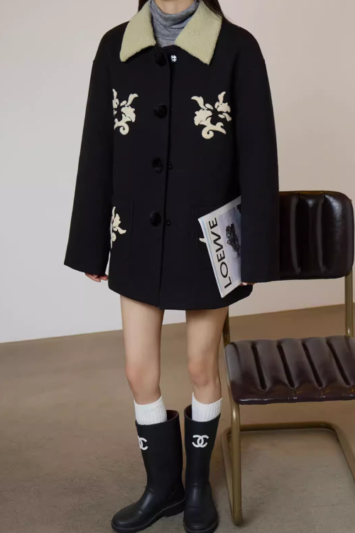 Vintage Embroidered Collar Wool Coat